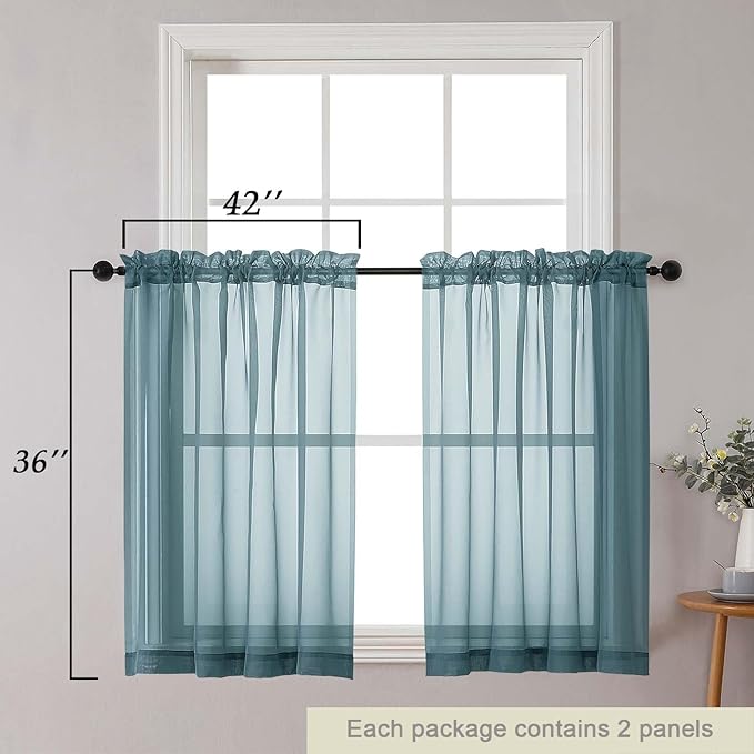 Cafe Curtains 36 Inch Length Tier 2 Pieces, Modern Soft Airy Sheer Kitchen Short Curtains for Small Window, Rod Pocket Small Curtain for Bathroom Basement, Dusty Blue, Each, 42"Wx36"L Inches