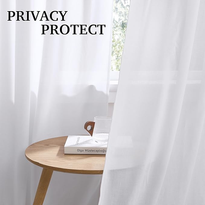 RYB HOME White Linen Curtains 90 inches Long, Semi Sheer Light Filtering Back Tab Breathable Window Curtains & Drapes for Bedroom Living Room, W 52 x L90 inches, 2 Panels Set