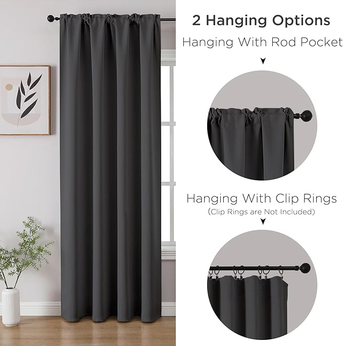 CUCRAF Dark Grey Blackout Curtains 96 inch Length 2 Panels Set, Rod Pocket Room Darkening Drapes for Bedroom Living Room, Insulated Thermal Light Blocking Window Curtain (W52 x L96 Inch)