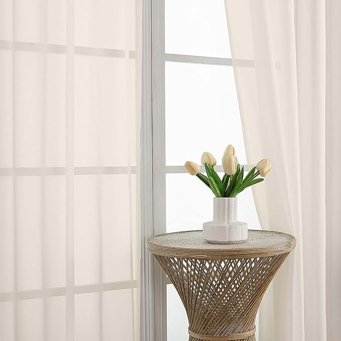 OVZME Cream Sheer Curtains 63 Inches Long 2 Panels Set, Light Filtering Sheer Curtains for Living Room Bedroom 59 Inch Extra Wide, Modern Voile Filmy Rod Pocket Window Drapes, 59Wx63L Inches