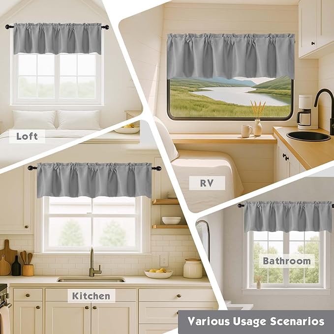 Chyhomenyc Blackout Valances for Windows, Short Window Valance Curtains for Living Room Bedroom Bathroom, Room Darkening Solid Privacy Small Kitchen Valances, 60Wx16L, 2 Pack, Silver Grey