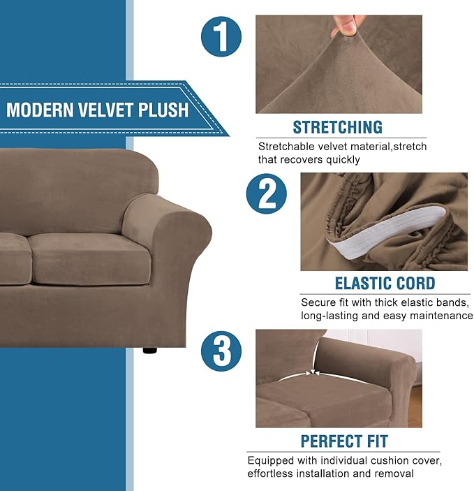 H.VERSAILTEX Modern Velvet Plush 4 Piece High Stretch Sofa Slipcover Furniture Protector Form Fit Velvet Extra Large Sofa Cover for 3 Cushion Couch Width Up to 105 Inch (XL Sofa, Mocha)