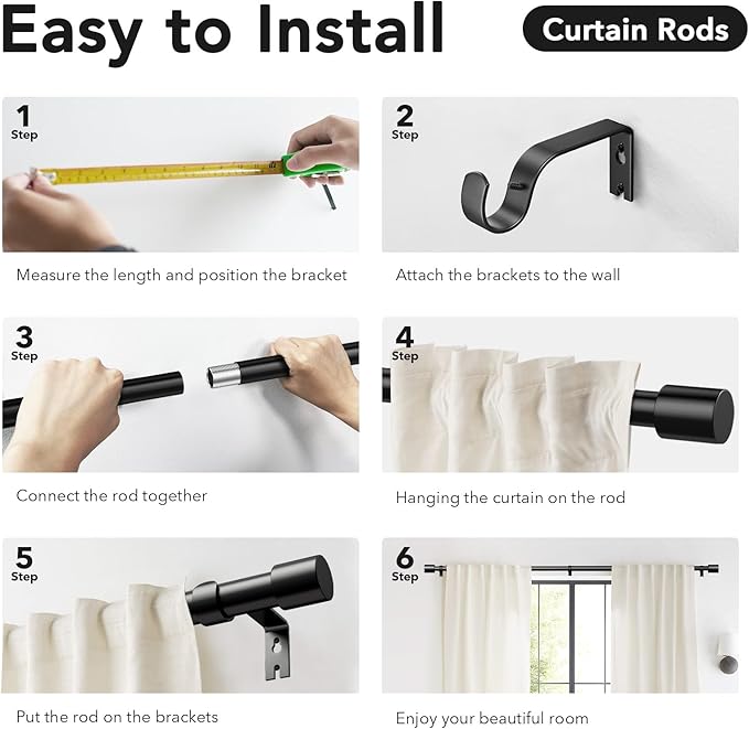 Extra Long Curtain Rods for Windows 32 to 240 Inch, 1 Inch Black Heavy Duty Curtain Rods for Patio, Farmhouse, Bedroom, Living Room, Adjustable Metal Drapery Rod (A2,Black,32"-240")