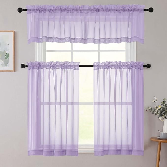 Kitchen Curtains 24 Inch Length Tier 2 Pieces, Lavender Sheer Curtain Solid Soft Sheer Short Curtains for Windows, Cafe Bathroom Basement Rod Pocket Drapes, Lavender, Each 42" Wx24 L Inches