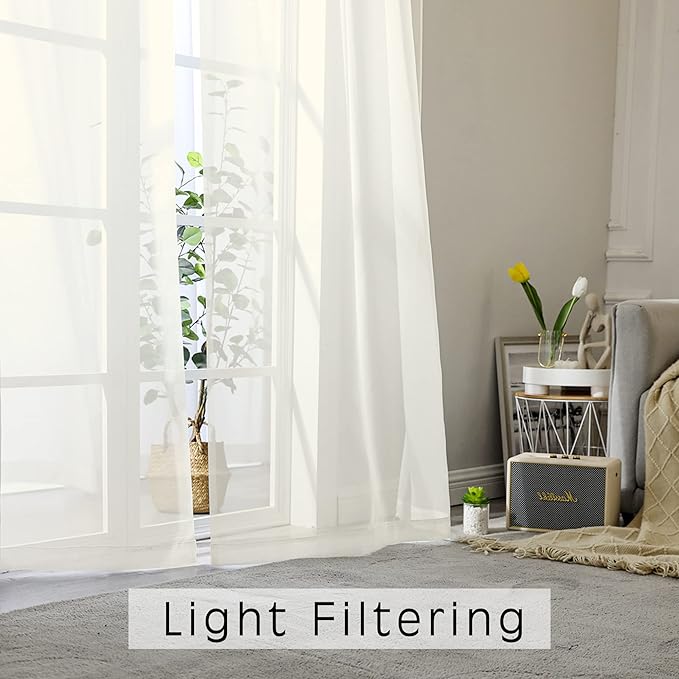 OWENIE Sheer Curtains Ivory, 45" Long Light Filtering Tiers for Kitchen, Bedroom, Short Panels Rod Pocket 2 Panels, Cafe Curtains Small Window, 42" W x 45" L
