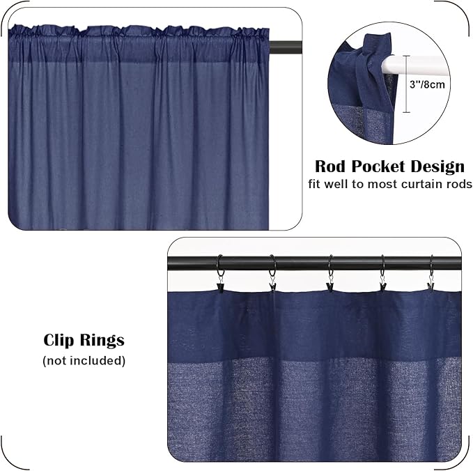 FRAMICS Farmhouse Valance Curtains, Boho Cotton Linen Kitchen Valance, Navy Blue Rustic Button Window Valances for Bathroom Bedroom, Country Rod Pocket Valances for Windows, Semicircular, 52 x 18 Inch