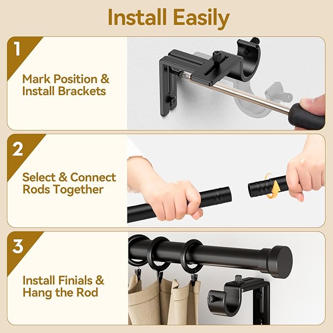 YaFex Curtain Rods 2 Pack 32-84 Inch, Heavy Duty 1 Inch Curtain Rod, Black Long Adjustable Window Treatment Rods, Modern Design, Easy Installation
