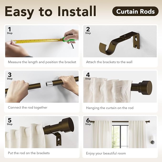 IFELS Heavy Duty Curtain Rods for Windows 48 to 84 Inch, 1 Inch Bronze Curtain Rods Set of 2 Pack for Outdoor Patio, Farmhouse, Bedroom, Kitchen, Adjustable Easy Install Drapery Rod (Bronze,30-90-2p)