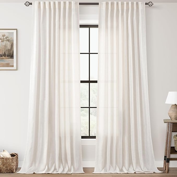 Extra Long 144 inch Curtains Linen Blend for Living Room Back Tab Neutral Farmhouse Light Filtering Semi Sheer Linen Drapes 144 inch Ceiling to Floor For Large Window Villa Hallway Ivory 10 FT 60x144