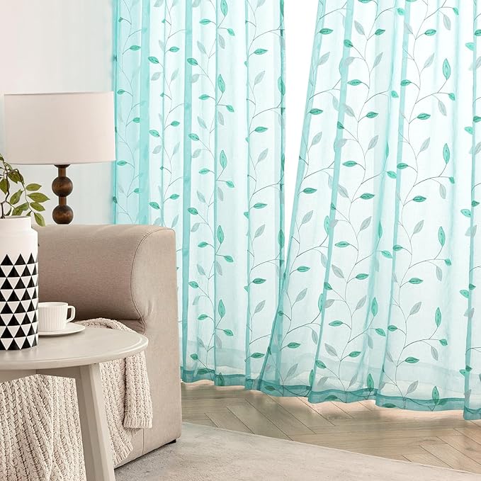 MIULEE Turquoise Sheer Curtains 2 Panels Embroidered Leaf Patterned Rod Pocket Floral Semi Sheer Faux Linen Window Curtains Drapes Set for Living Room Bedroom Dining Room, 52x63 Inches Long
