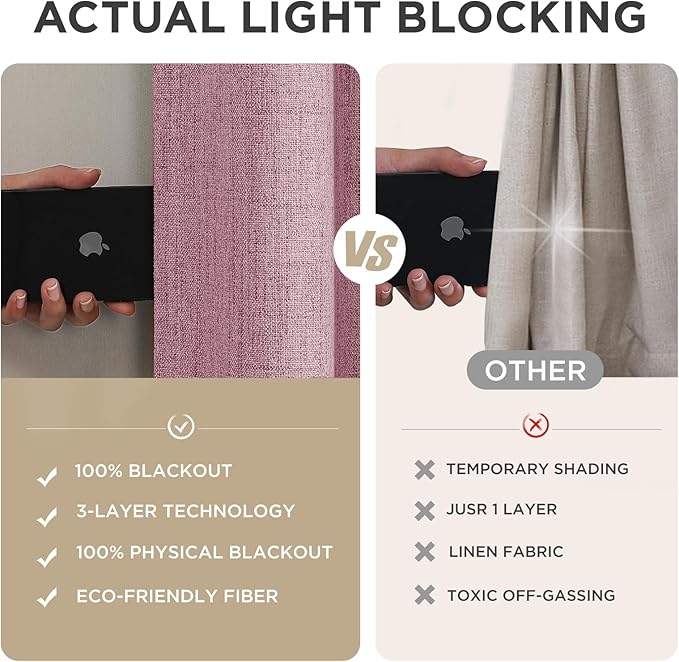 Joydeco Blackout Curtains for Bedroom - 100% Light Blocking 2 Panels Set Pink Drapes 42" W x 90" L, Thermal Insulated Room Darkening Curtains, Linen Textured for Living Room, Rod Pocket & Back Tabs