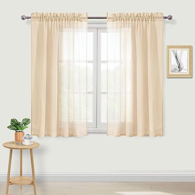 DWCN Beige Sheer Curtains Semi Transparent Voile Rod Pocket Curtains for Bedroom and Living Room, 42 x 54 inches Long, Set of 2 Panels