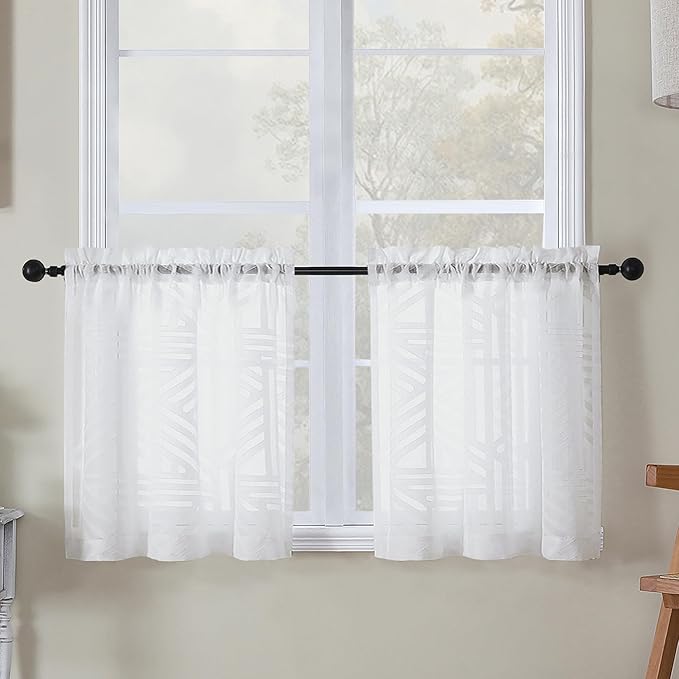Simplebrand Sheer White Kitchen Curtains 24 Inch Length Tier Curtains 2 Panels, Light Filtering Geometric Jacquard Clip Textured Semi Sheer Short Window Curtains for Bathroom, 30x24 inch