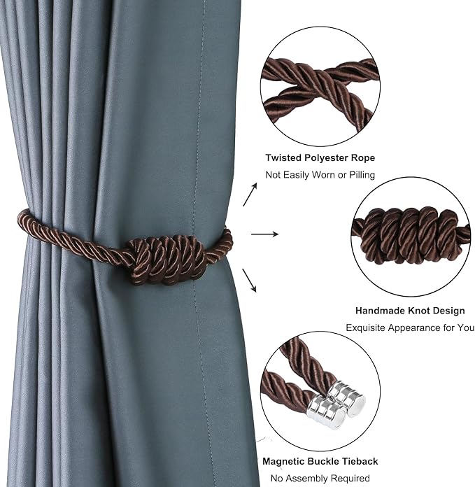 BEL AVENIR Magnetic Curtain Tiebacks, Decorative Drapery Holdbacks Modern Woven Tie-Backs with Exquisite Knot (Coffee, 2 Pack)