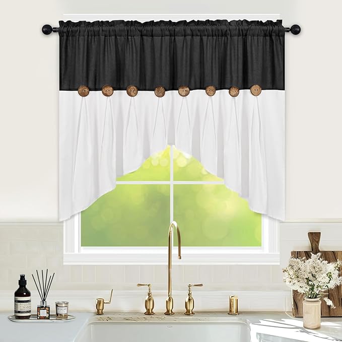 FRAMICS Farmhouse Swag Curtain, Boho Cotton Linen Valance Curtain, Black Rustic Button Window Valance for Kitchen Bathroom Bedroom, Country Rod Pocket Valances for Windows, Black, 52 x 36 Inch