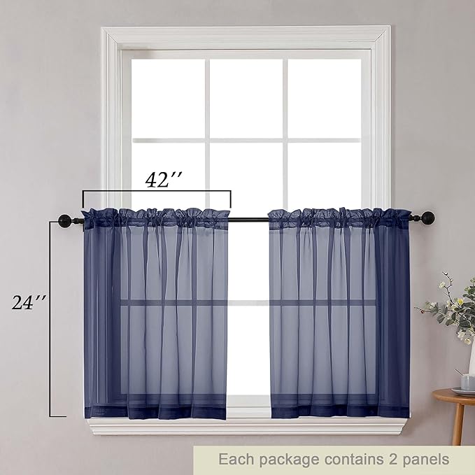 Kitchen Curtains 24 Inch Length Tier 2 Pieces, Navy Blue Sheer Curtain Solid Soft Sheer Short Curtains for Windows, Cafe Bathroom Basement Rod Pocket Drapes, Navy Blue, Each 42"Wx24"L Inches