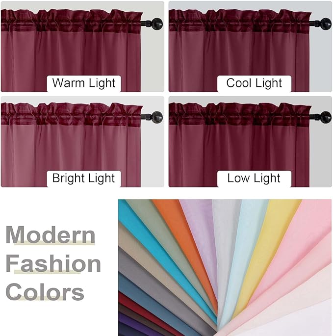 Kitchen Curtains 24 Inch Length Tier 2 Pieces, Burgundy Sheer Curtain Solid Soft Sheer Short Curtains for Windows, Cafe Bathroom Basement Rod Pocket Drapes, Burgundy, Each 42" Wx24 L Inches
