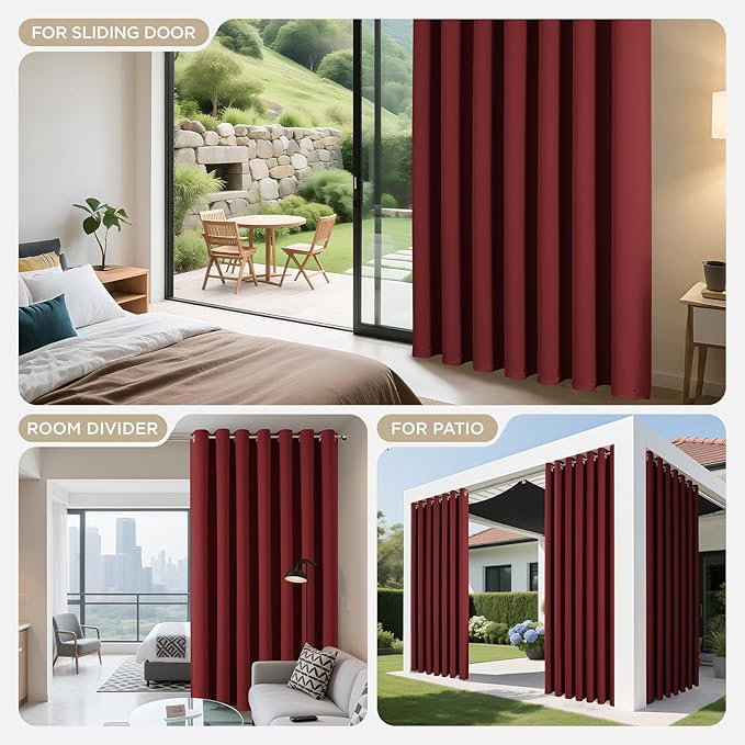 Joydeco Blackout Patio Sliding Door Curtains 108 Inches Long, Grommet Privacy Room Divider Curtains, Extra Wide Thermal Blackout Drapes for Bedroom Living Room (Burgundy Red, 100Wx108L, 1 Panel)