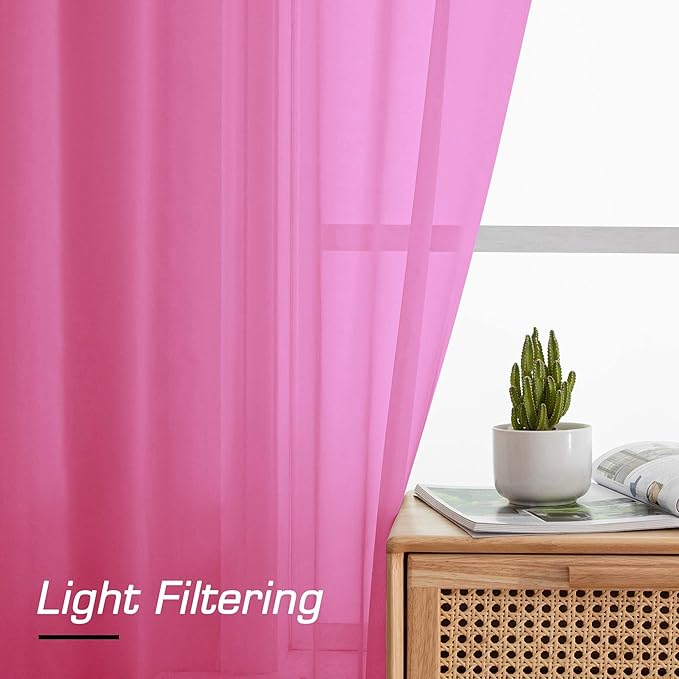 Simplebrand Rod Pocket Top Solid Voile Sheer Curtains for Bedroom, 54 Inch Length Drapes Set of 2, Lightweight and Light Filtering Elegant Hot Pink Curtains Panels Window Treatment, 42W×54L, Hot Pink