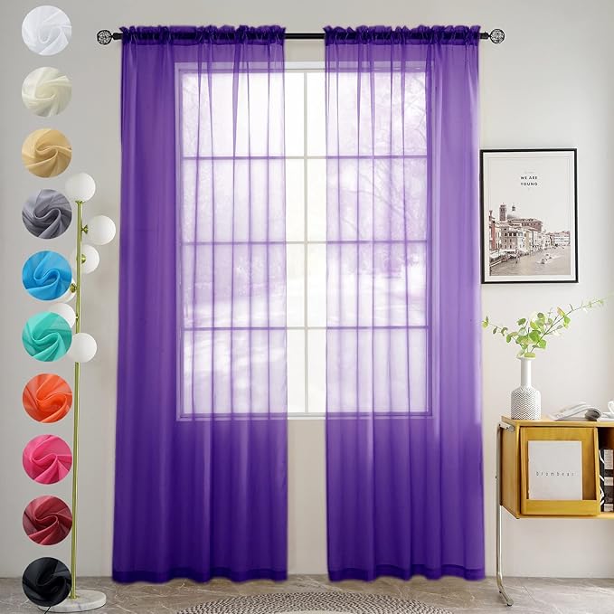 youleyar Solid Sheer Rod Pocket Curtain Voile Draperies 2 Panels White Beige Black Grey Coffee 52 Inch Width 54 Inch Long 1 Pair for Kitchen Bedroom Children Living Room Yard (Purple,52Wｘ54L)