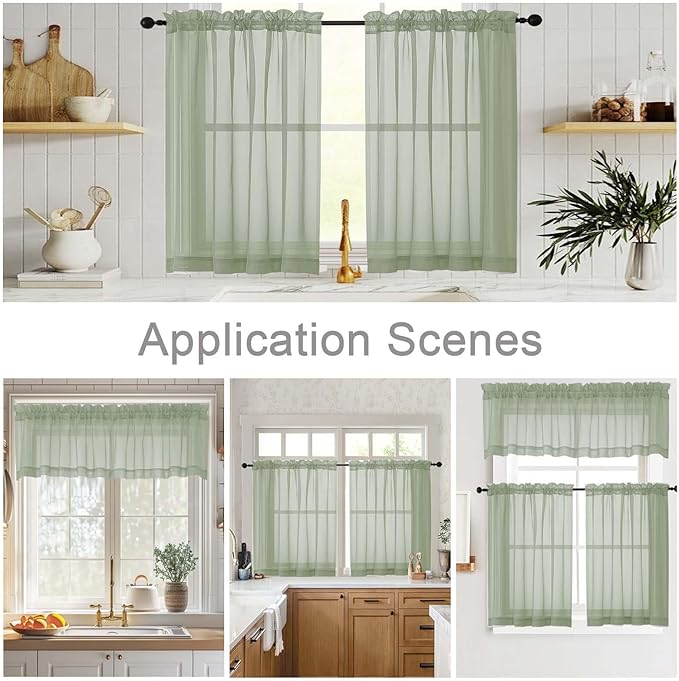 Sage Green Valances for Windows, Sheer Curtains 14 Inch Length 2 Pack Kitchen Curtain, Modern Solid Mini Small Window Curtains for Cafe Bathroom Basement, Sage Green, Each 42" Wx14 L Inches