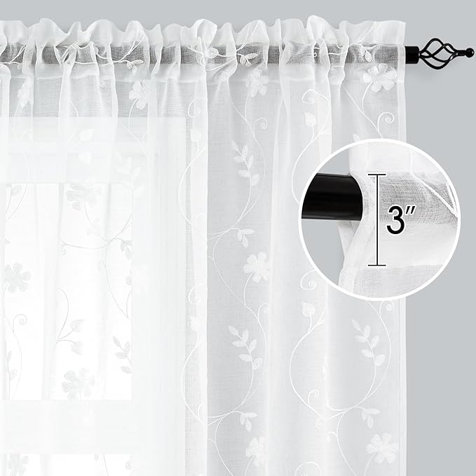 HOMEIDEAS White Sheer Curtains 63 Inch Length 2 Panels White Embroidered Floral Pattern Semi Sheer Window Curtains for Bedroom Living Room