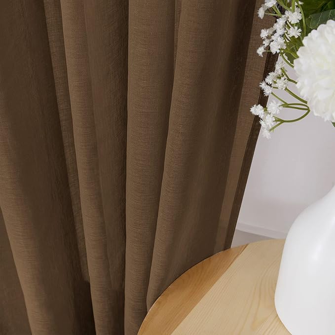 Tollpiz Short Sheer Tier Curtains Linen Textured Half Kitchen Curtain Sheers Light Filtering Rod Pocket Voile Small Curtain for Bathroom, 25 x 24 inches Long, Brown, Set of 2 Panels