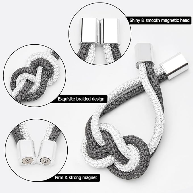 NICEEC 4 Pack Mini Magnetic Curtain Tiebacks Nordic Simple Style Drape Tie Backs Elegant Hand Weave Rope Knot Decorative Curtain Holdbacks for Home & Office Thin Window Drapery (Dark Grey & White)