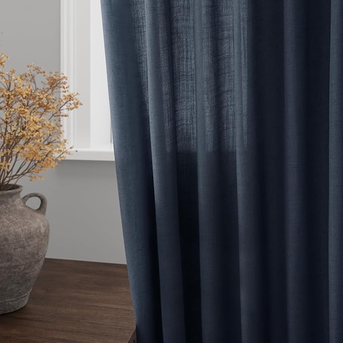 Nanspring Vintage Blue Linen Curtains 108 Inches Long for Living Room Bedroom 2 Panels Set Extra Long Back Tab Drapes Light Filtering Semi Sheer Floor to Ceiling Curtain for Large Windows 52x108