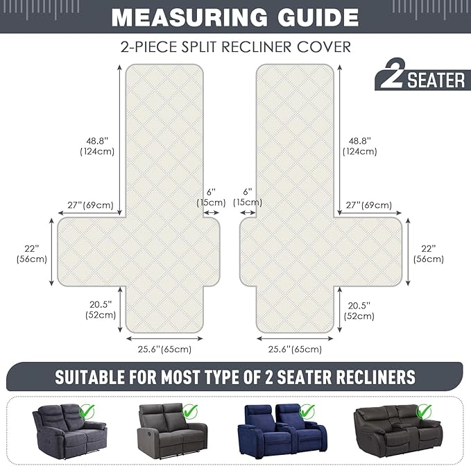 TAOCOCO 100% Waterproof Recliner Loveseat Covers 2 Seater, Split Loveseat Covers for Reclining loveseat, Non Slip Reclining Couch Cover with Double Straps for Kids, Pets(2 Seater, Dark Grey)