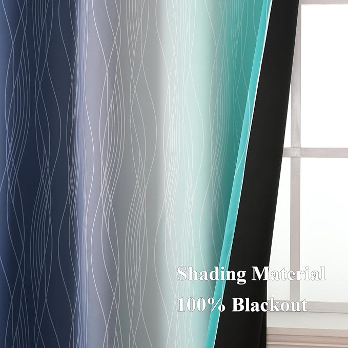 Estelar Textiler Navy Blue and Teal Ombre Blackout Curtains for Bedroom, Thermal Insulated Gradient Blackout Drapes, Full Room Darkening Energy Saving Curtains for Living Room, 42Wx84L, 2 Panels