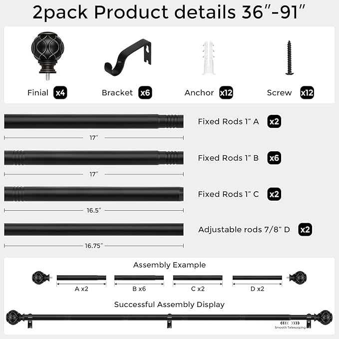 2 Pack Black Curtain Rod, Heavy Duty 1 Inch Decorative Curtain Rods for Windows 48 to 84 Inch, Single-Side Adjustable Vintage Rustic Matte Black Drapery Pole Set with Netted Texture Finials