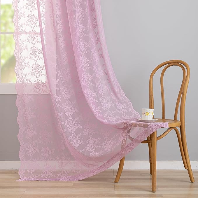 YJ YANJUN Vintage Lace Curtains 84 Inches Long-Victorian Floral Pattern Lalic Sheer Curtain Panels for Living Room Bedroom,Light Filtering, Cute Girls Drapes 2 Panels 52W x 84L Purple Blush