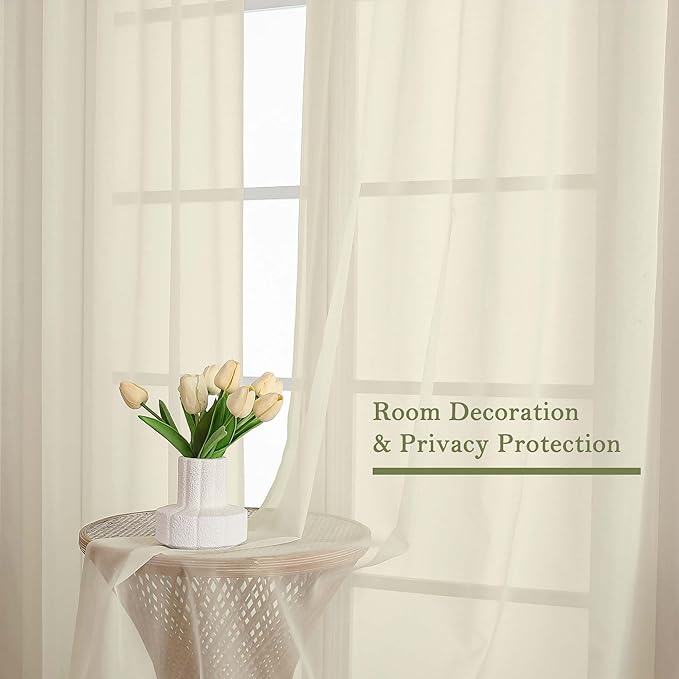 Lecloud Cream Sheer Curtains for Bedroom 90 Inches Long 2 Pcs, Rod Pockets Window Curtains for Living Room Dining Room, Modern Farmhouse Decor Light Filtering Drapes, Each Panel 59" W x 90" L