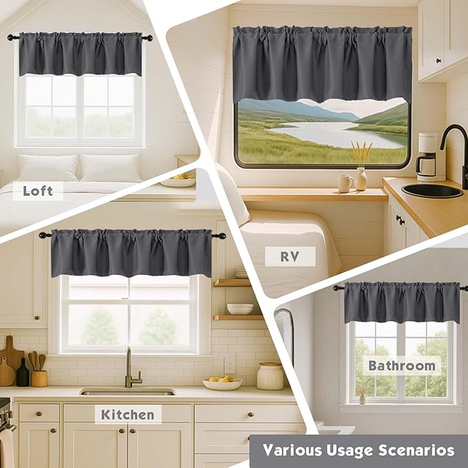 Chyhomenyc Charcoal Grey Valances for Window, Room Darkening Short Curtains for Kitchen Bedroom Living Room, Rod Pocket Top Small Window Treatment Valance RV Bunk Panels, 60" Wx14 L, 2 Pieces
