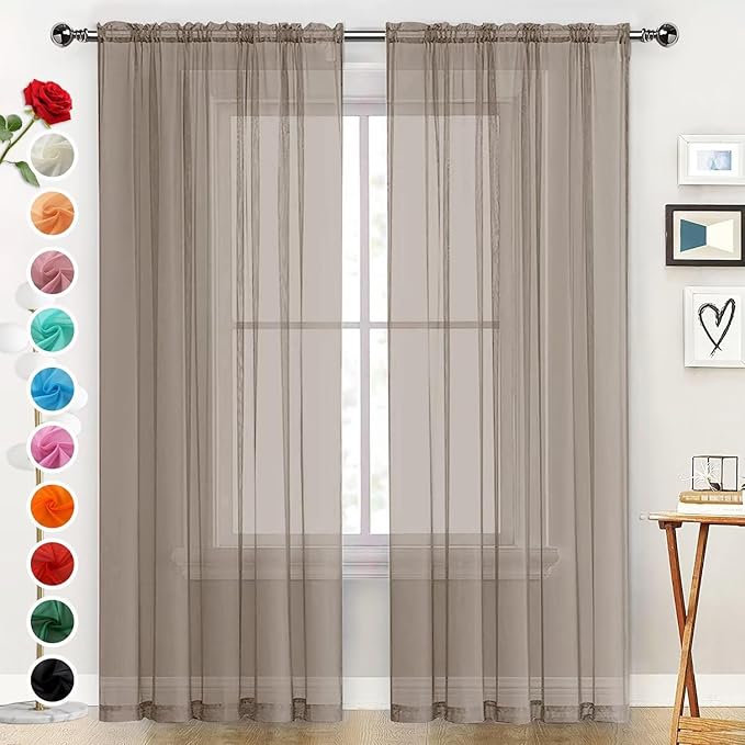 SpaceDresser Basic Rod Pocket Sheer Voile Window Curtain Panels Taupe 1 Pair 2 Panels 52 Width 108 Inch Long for Kitchen Bedroom Children Living Room Yard（Taupe, 52W x 108L）
