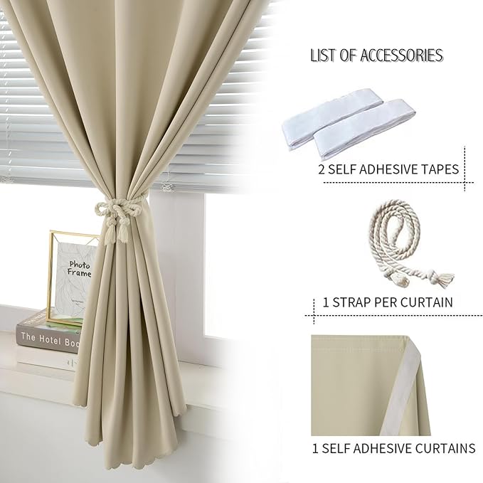 Self Adhesive Portable Blackout Curtains for Bedroom Easy to Install Window Thermal Lnsulated Kitchen Room Darkening Small Window Curtains, 59" W X 96" L, Beige, 1 Panel