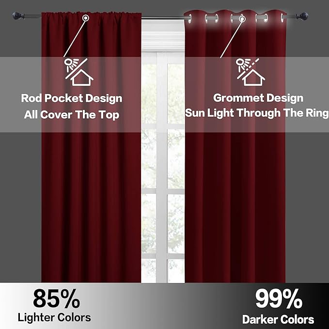 RYB HOME 54 inch Blackout Curtains for Living Room, Rod Pocket Thermal Insulated Small Window Drapes Room Darkening Shades for Bedroom Studio Dorm, W 42 x L 54 inch, Set of 2 Panels, Burgundy Red