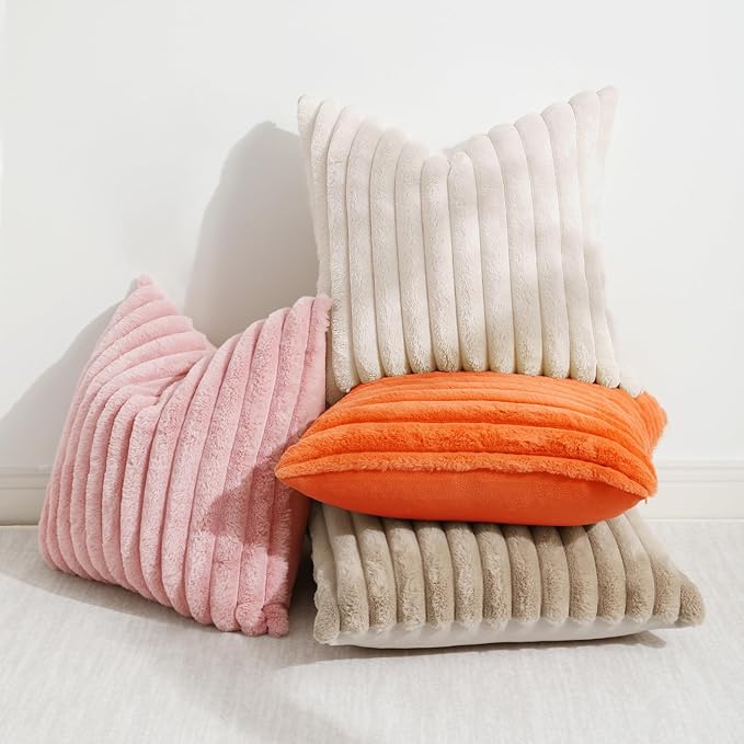 decorUhome Summer Cozy Faux Fur Throw Pillow Covers 24x24 Set of 2 Decorative Soft Plush Striped Modern Farmhouse Boho Couch Euro Sham Pillow Cases with Velvet Back for Sofa Bed Living Room, Beige