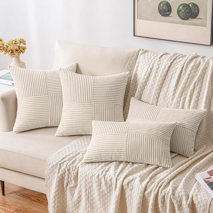 MIULEE Beige Decorative Throw Pillow Covers 20x20 Inch for Couch Bed Sofa Pack of 2 Boho Neutral Farmhouse Throw Pillows Soft Cross Corduroy Patchwork Textured Cushion Cases