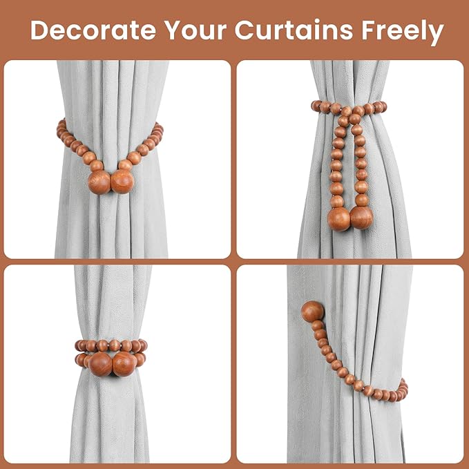 KLOGTSIND Magnetic Curtain Tiebacks, Curtain Tie Backs for Curtains 4 Pack, Wood Bead Curtain Tiebacks, Curtain Holders for Boho Bedroom Decor, Baby Nursery Decor, Farmhouse Decor