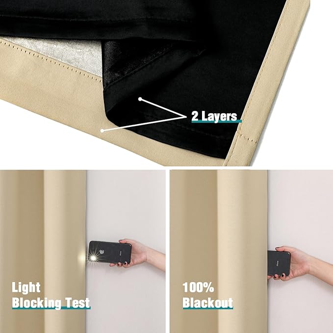 ChrisDowa 100% Blackout Curtains for Bedroom with Black Liner, 2 Thick Layers Total Blackout Thermal Insulated Grommet Window Curtains 2 Panels Set (Beige, 52 x 63 Inch)