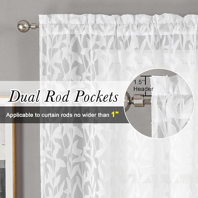 Lecloud Leia White Sheer Curtains 54 Inch Length 2 Panels, Voile Light Filtering Privacy Jacquard Textured Curtains, Dual Rod Pockets Drapes with Leaves for Living Room Bedroom, Each 42" W x 54" L