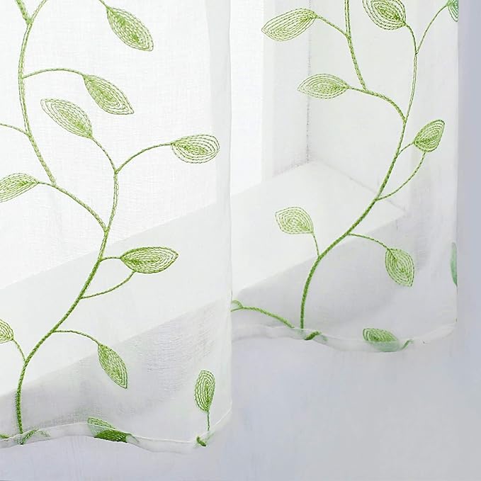 MRTREES Sheer Valance Curtain 54 x 16 inch Leaves Embroidered Sheer Christmas Valances Living Room Window Bedroom Embroidery Rod Pocket Small Window Treatment 1 Panel Green Leaves