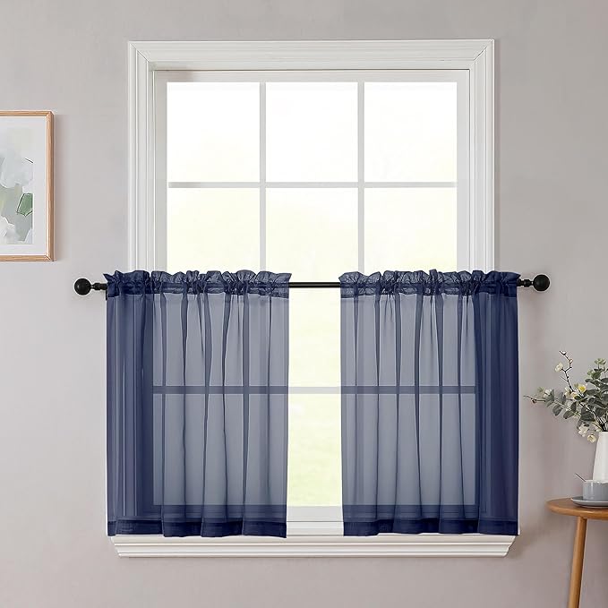 Kitchen Curtains 24 Inch Length Tier 2 Pieces, Navy Blue Sheer Curtain Solid Soft Sheer Short Curtains for Windows, Cafe Bathroom Basement Rod Pocket Drapes, Navy Blue, Each 42"Wx24"L Inches