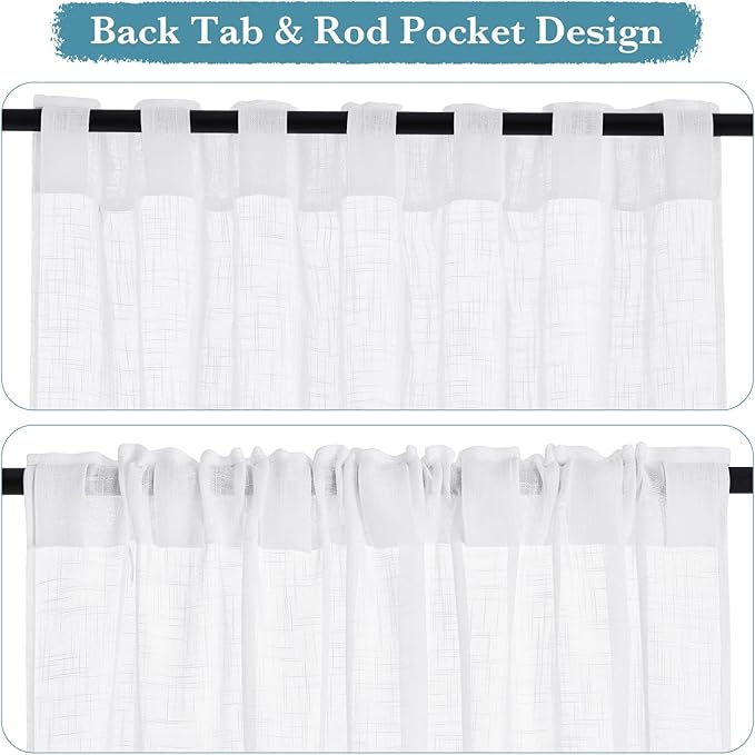 RYB HOME White Sheer Curtains Linen Texture Window Panels, Semi Sheer Light Filetring Rod Pocket & Back Tab Drapes for Bedroom, 52 x 84 inches, Pack of 2