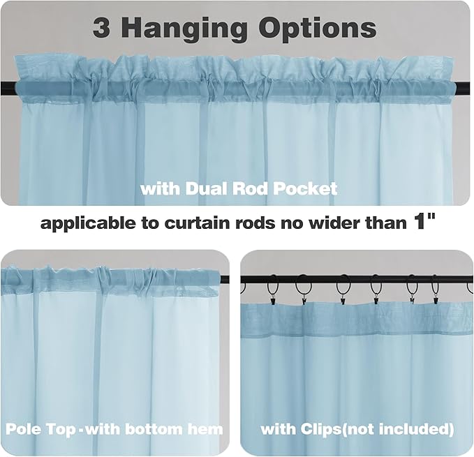 Chyhomenyc Sky Blue Sheer Curtains 54 Inch Long 2 Panels, Light Filtering Rod Pocket Voile Short Curtains Drapes for Living Room Bedroom Small Windows, 42Wx54L Inches