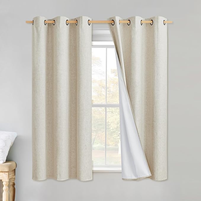 NICETOWN Linen Blackout Curtains for Kitchen, Beige, 2 Panels, 34" Wide x 48" Long, Short Kitchen Burlap Linen 100% Blackout Drape Panels for Night Shift, Great Job for Blocking Light