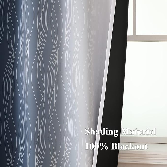 Estelar Textiler Blackout Curtains 102 Inches Long 2 Panels for Living Room, Navy Blue and Greyish White Thermal Insulated Full Light Blocking Ombre Grommet Drapes for Bedroom, 52Wx102L