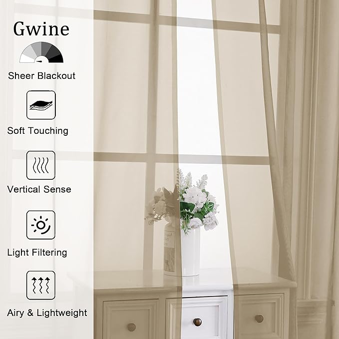 Gwine Taupe Valances for Windows, Small Light Filtering Rod Pocket Cafe Valance Curtains, Soft Sheer Curtain for Bathroom Laundry Basement, 42Wx14L inch, 2 Pieces